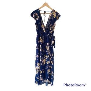 BAND OF GYPSIES Navy Floral Print Faux Wrap Maxi Dress Spring Size Small